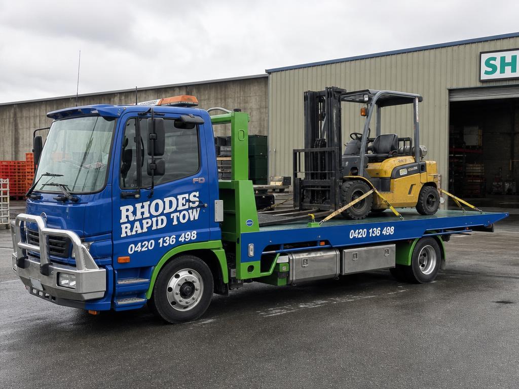 Forklift being transported by a Rhodes Rapid Tow truck
